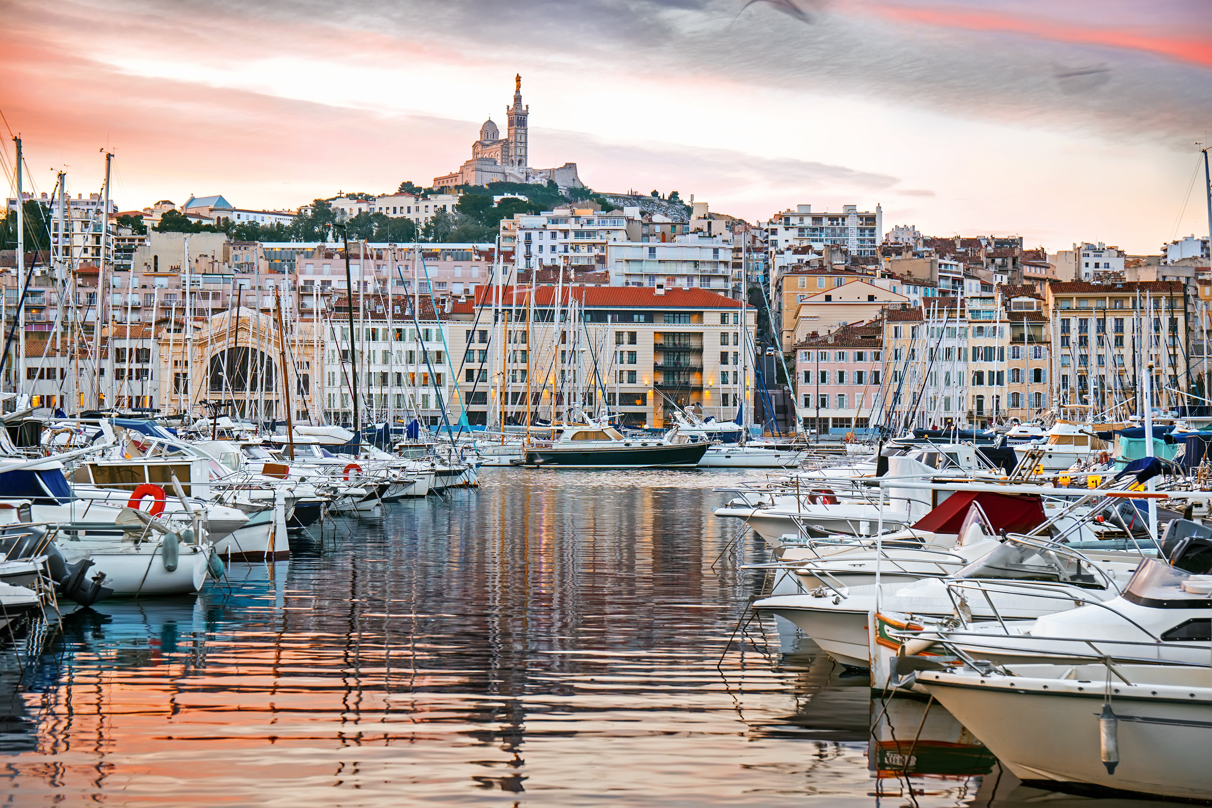 Beautiful sunrise in the harbor of Marseille, Provence, France