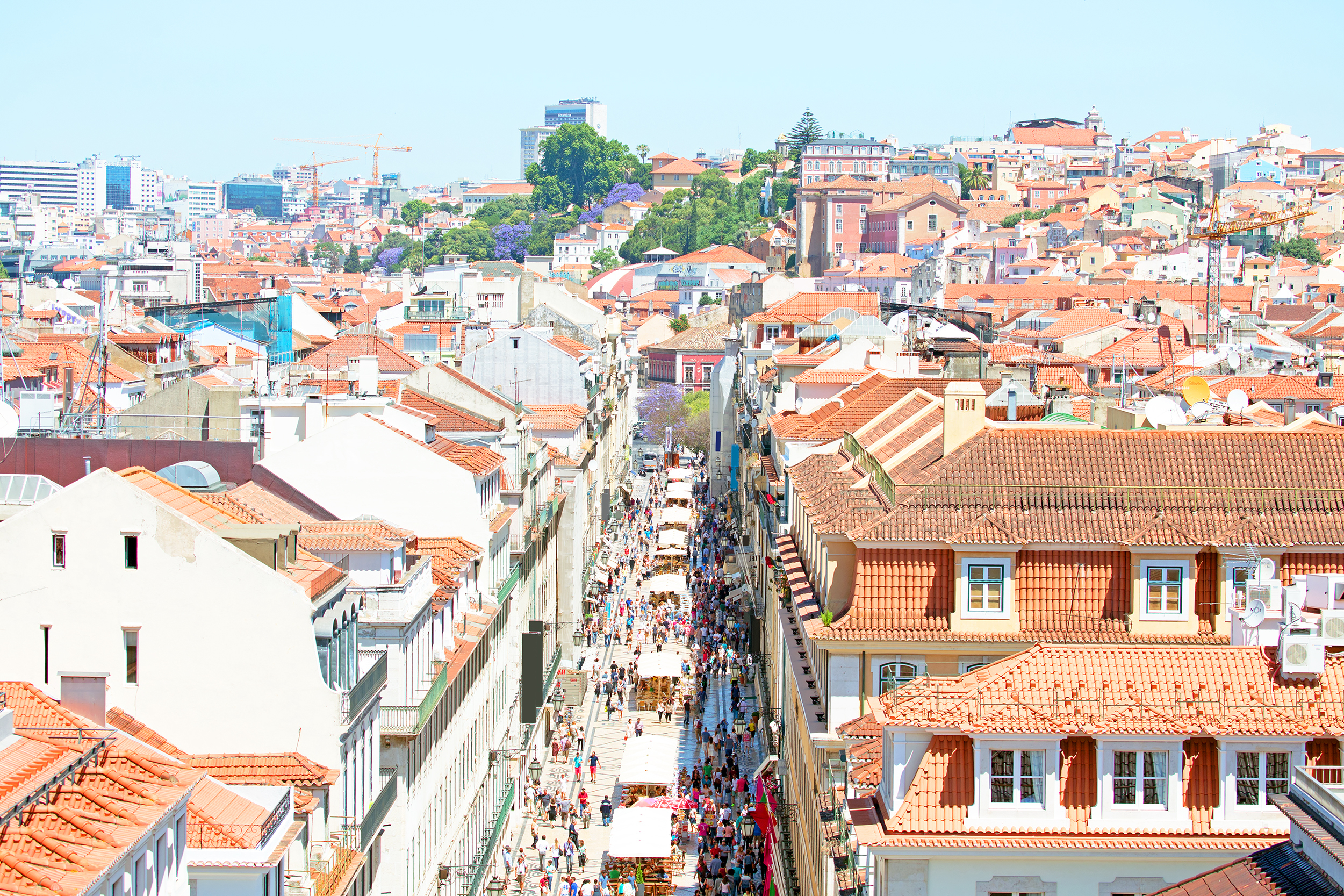 Aerial view of the Augusta Street and the Downtown District, known as Baixa. The most cosmopolitan street of the city is permanently full with Lisboans and tourists