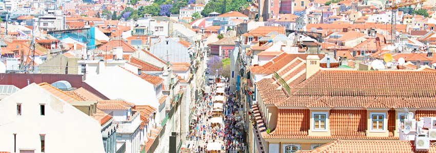 Aerial view of the Augusta Street and the Downtown District, known as Baixa. The most cosmopolitan street of the city is permanently full with Lisboans and tourists