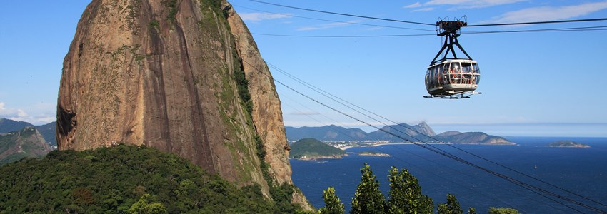 Brazil, Rio de Janeiro, Sugar Loaf Mountain - Pao de Acucar and cable car with the bay and Atlantic Ocean in the background. The city is the venue for the 2016 Olympic Games.