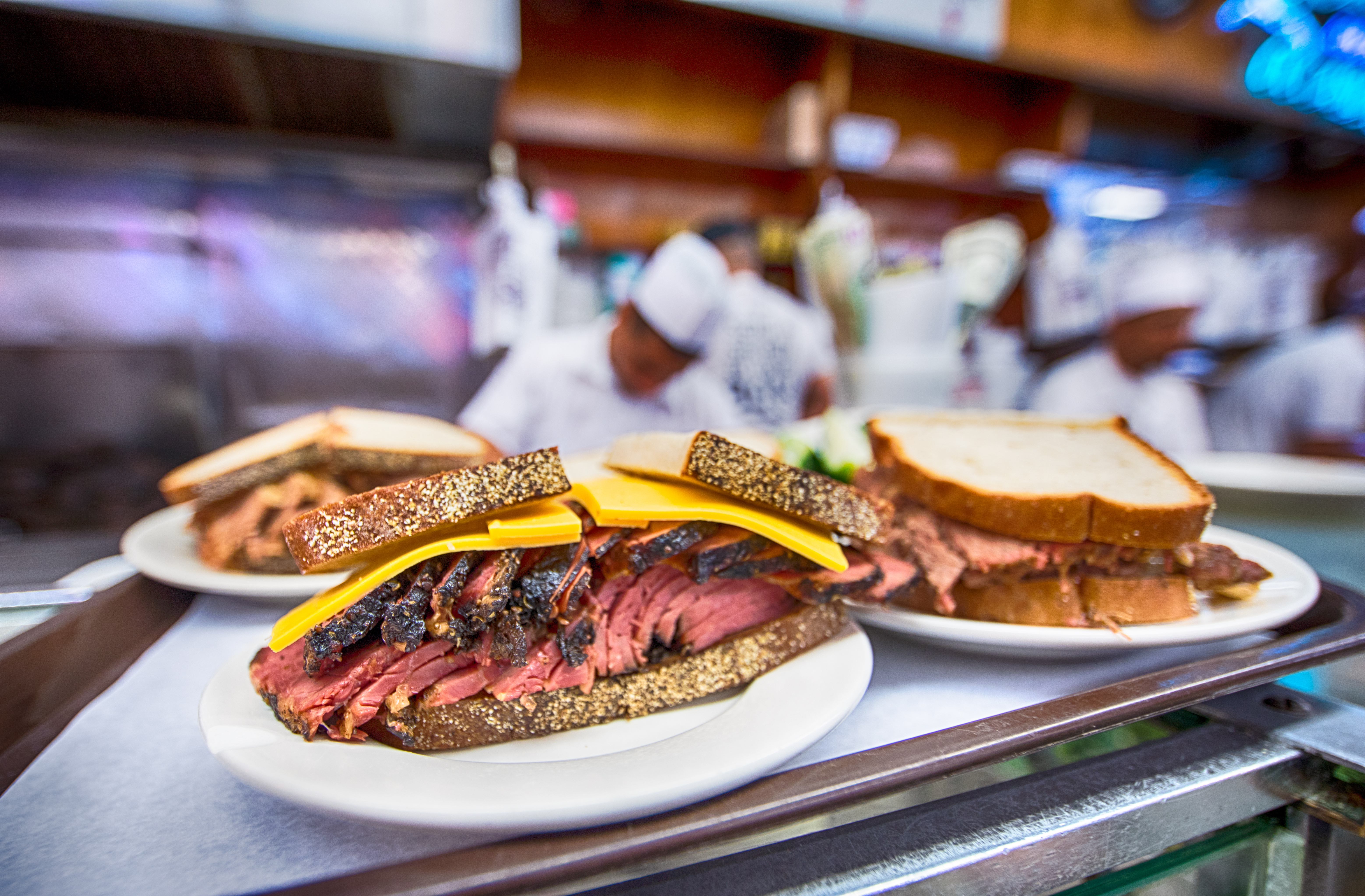 Katz’s Delicatessen in New York City, reuben sandwich, rye bread with pastrami and cheese