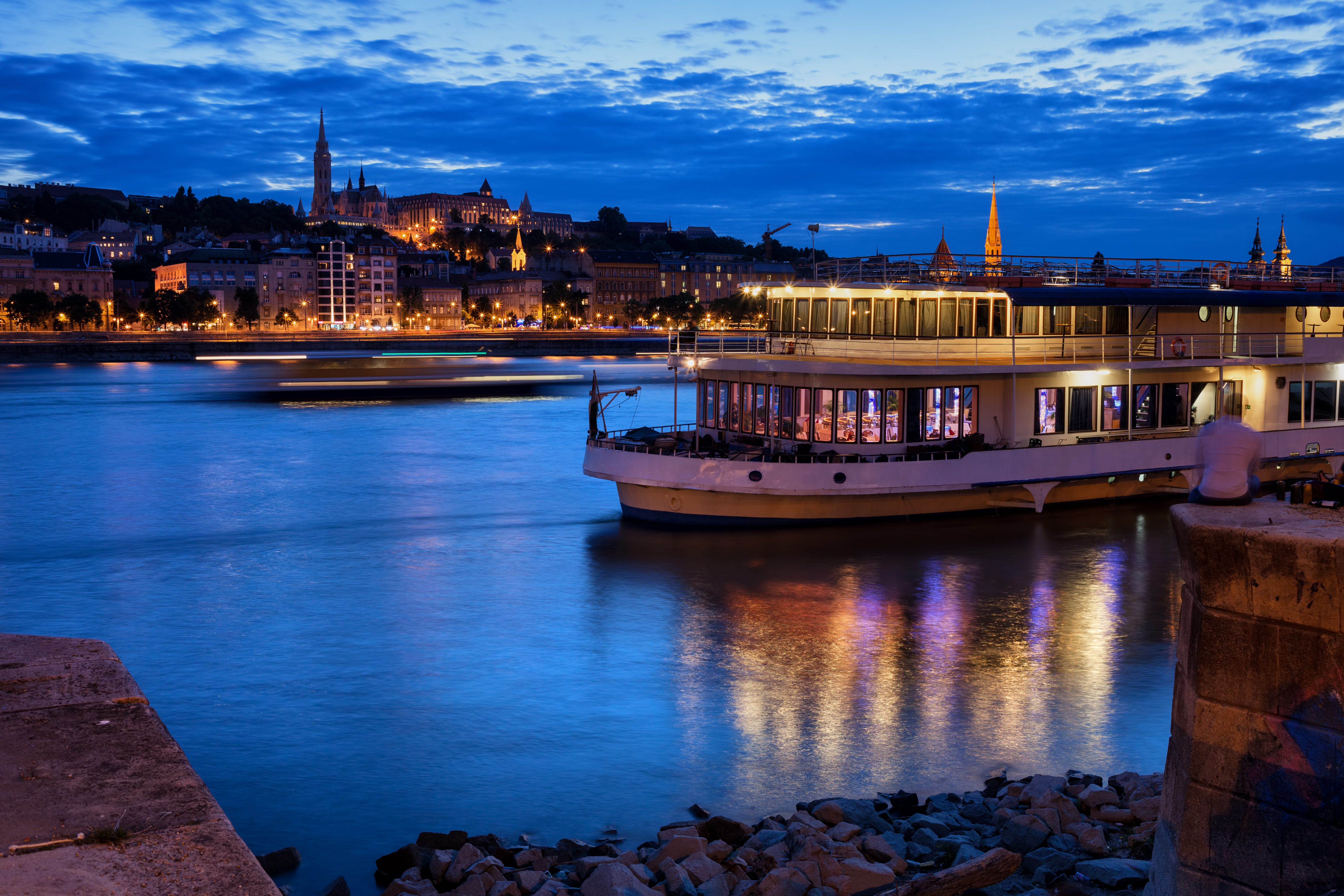 budapest river view with boat restaurant