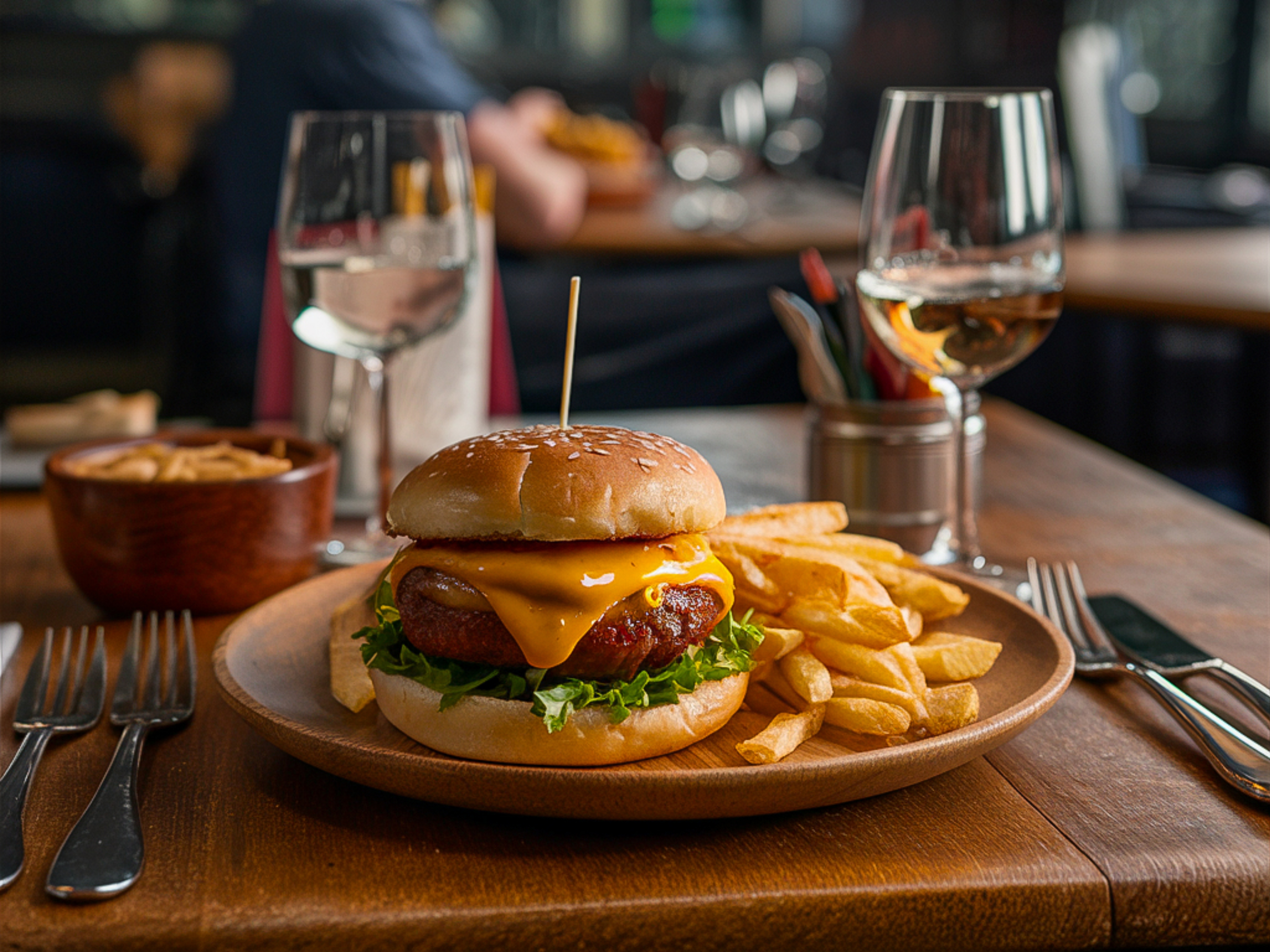 Burger with fries on wooden plate and table