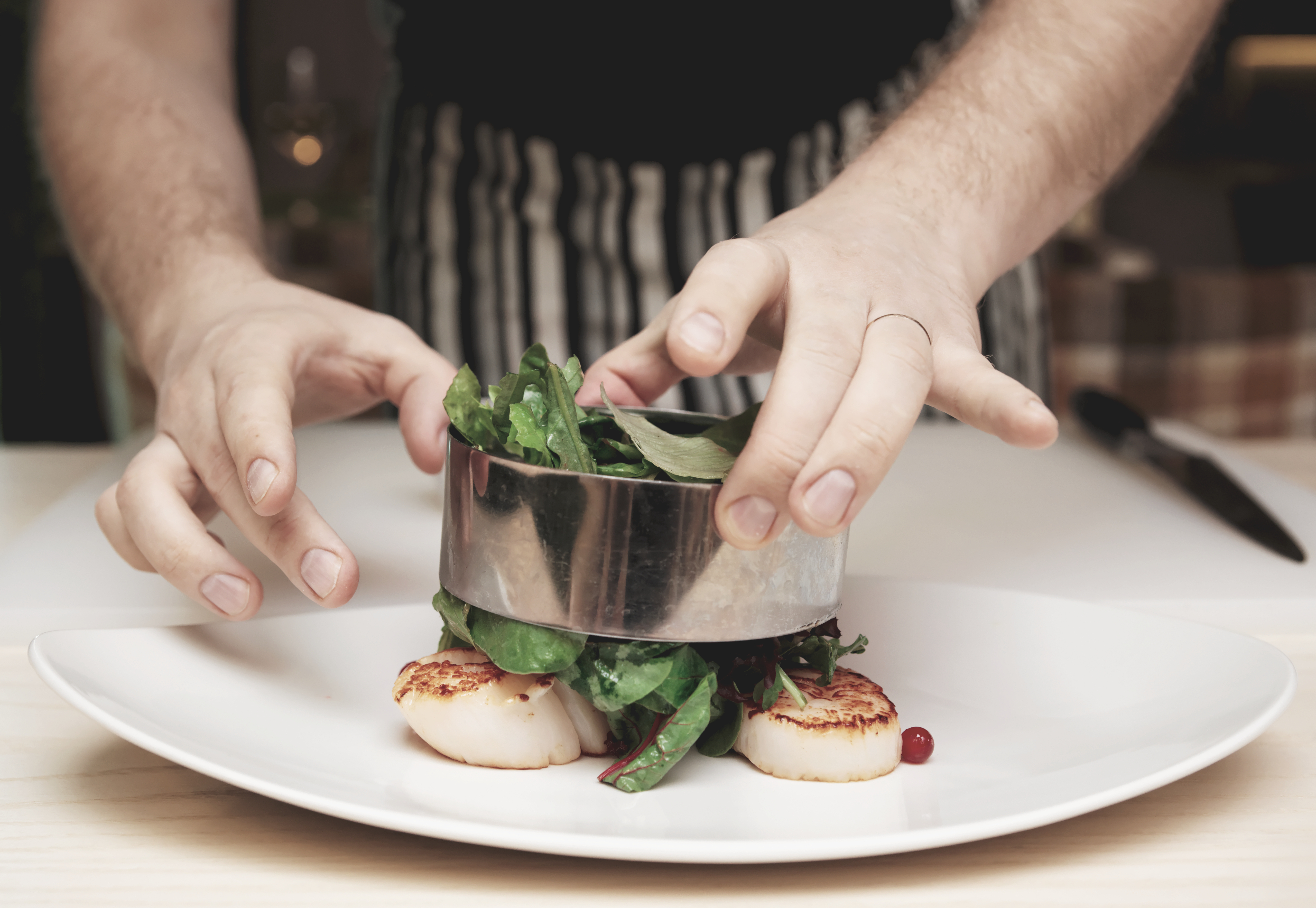 Chef is cooking appetizer with sea scallops and salad mix, toned image