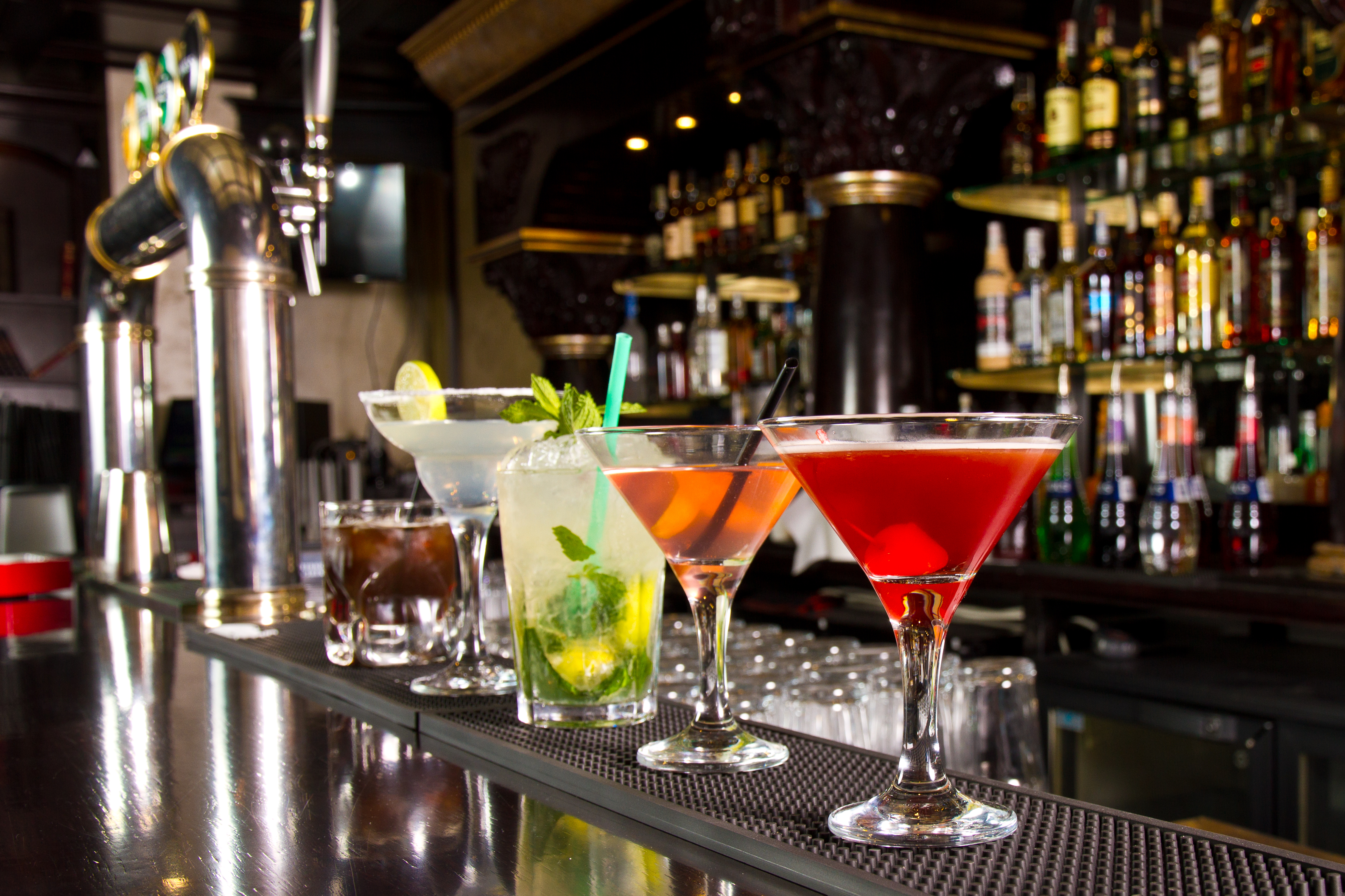 Cocktails lined up on bar in Las Vegas, Nevada