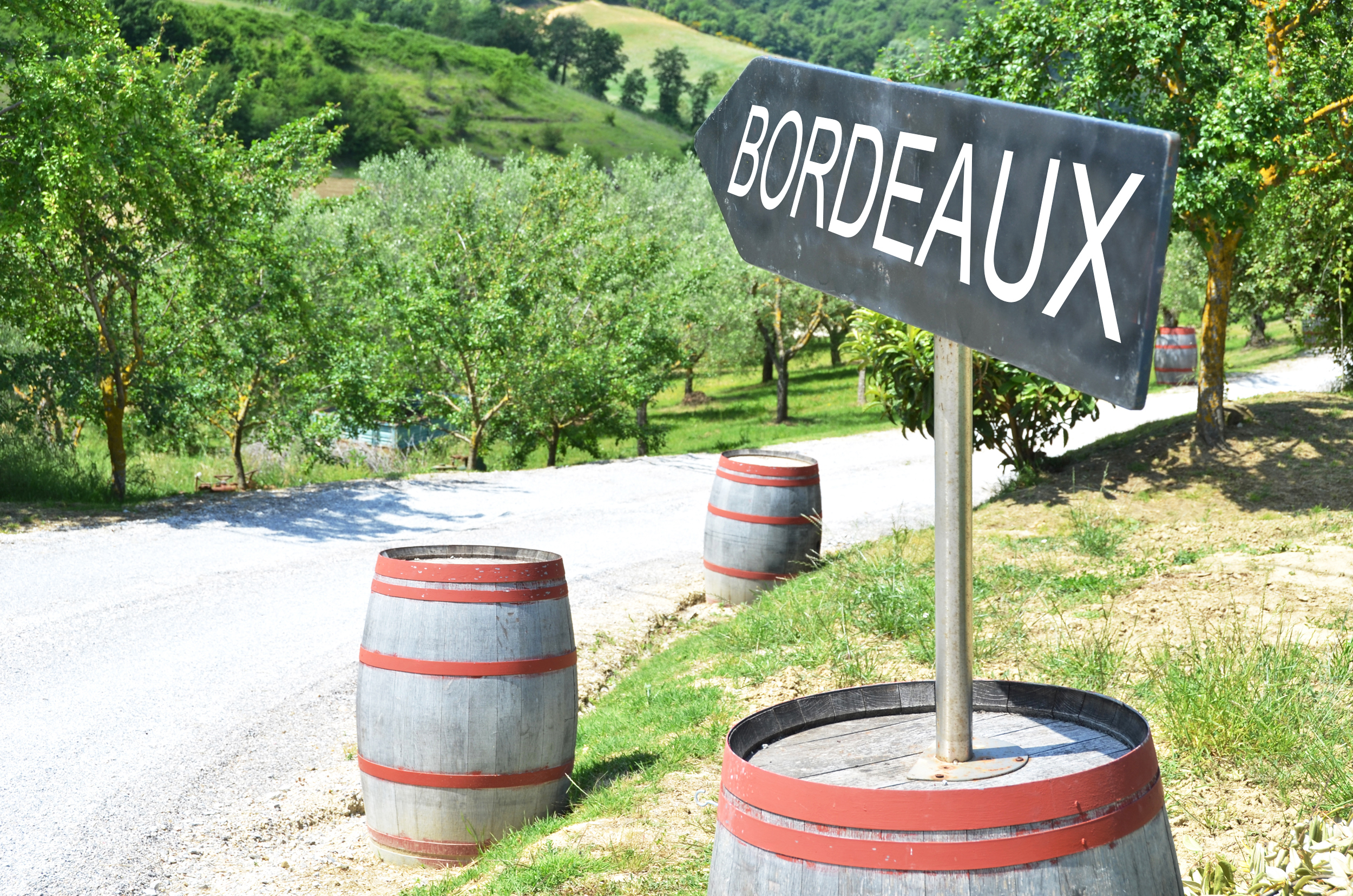 BORDEAUX arrow and wine barrels along rural road