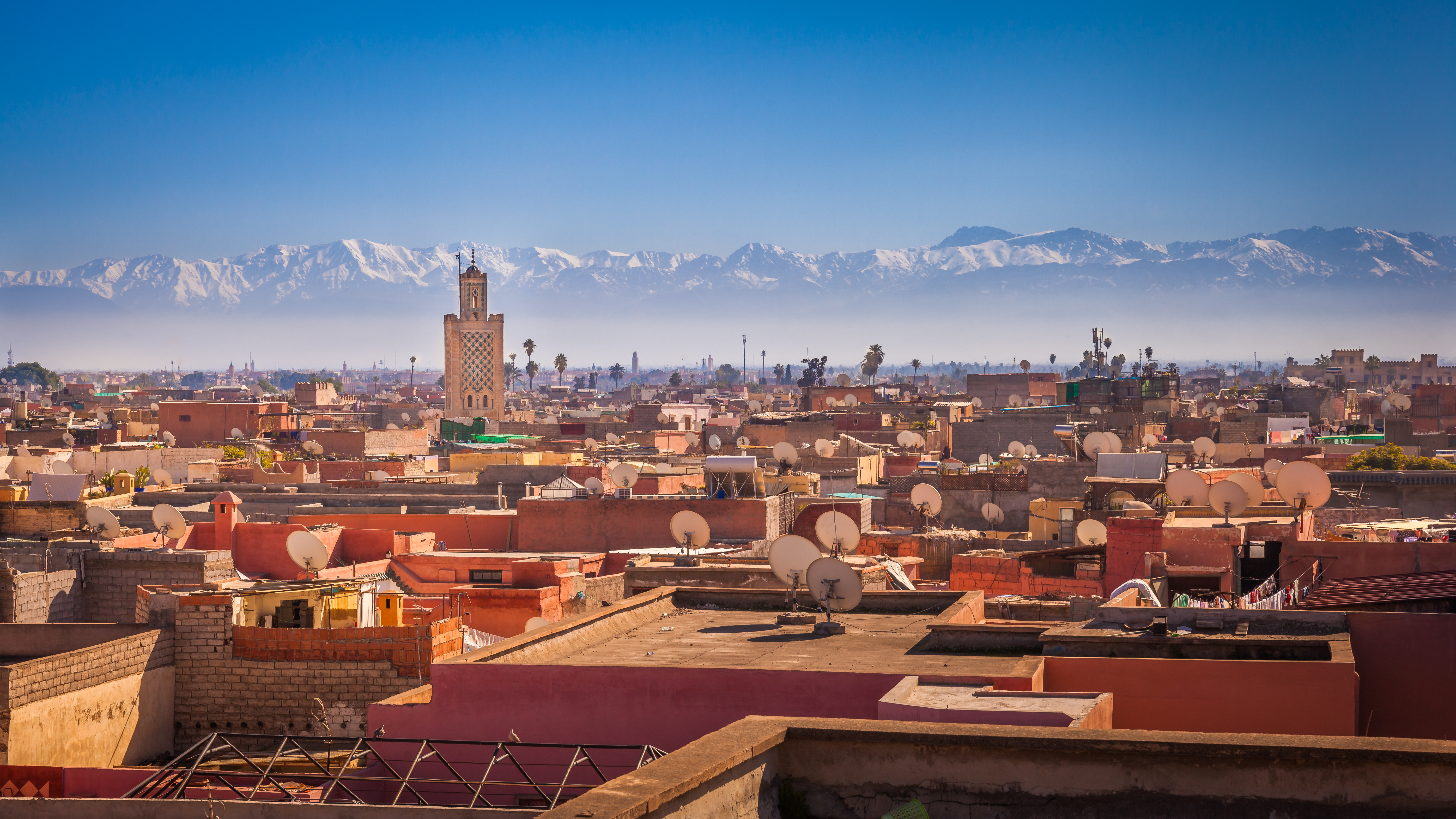 Panoramic view of Marrakesh and the snow capped Atlas mountains, Morocco