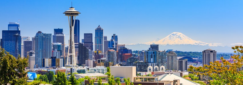 Seattle downtown skyline and Mt. Rainier, Washington.