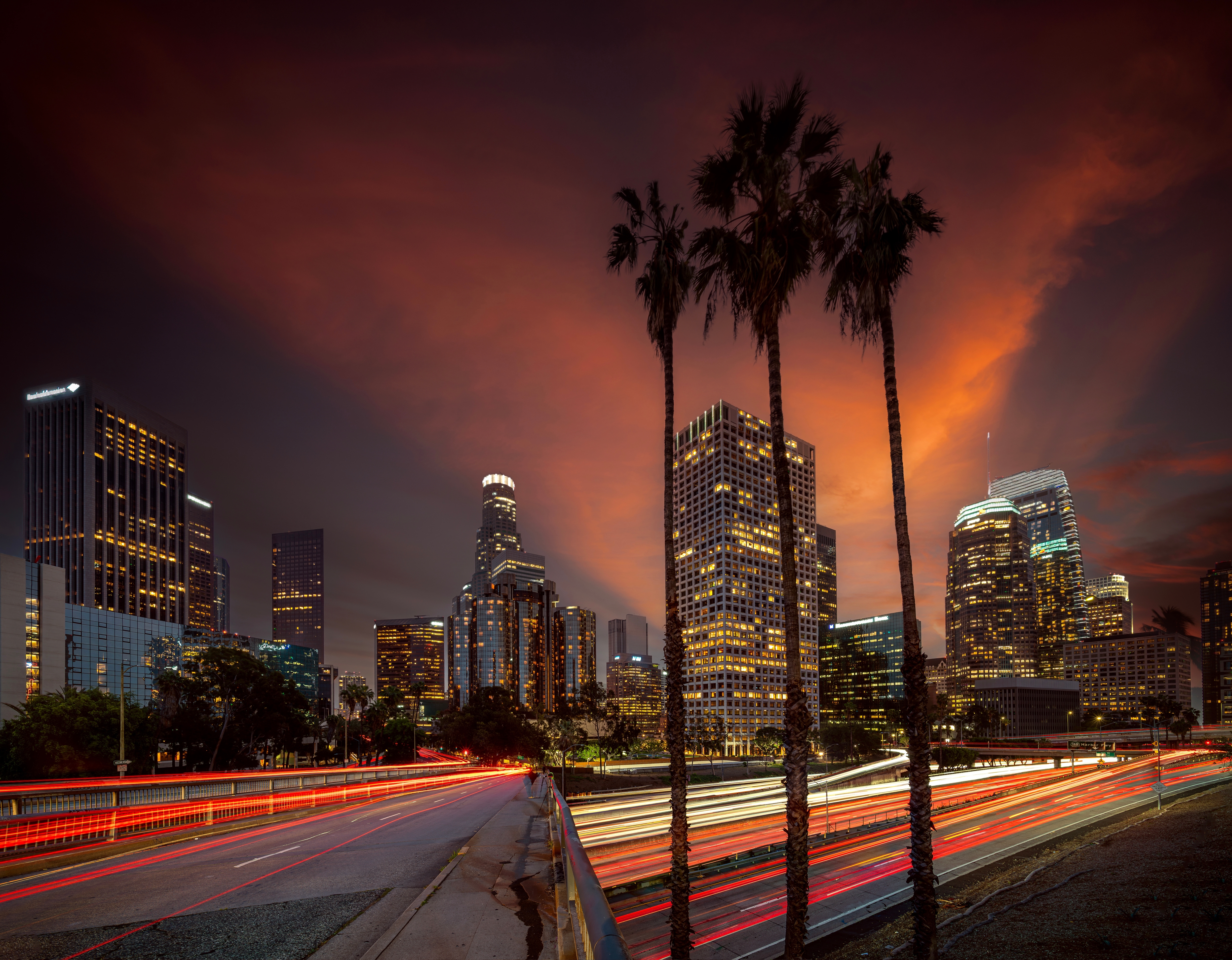 Cityscape in night time in Los angeles with road and highway, LA city, USA, united states of america