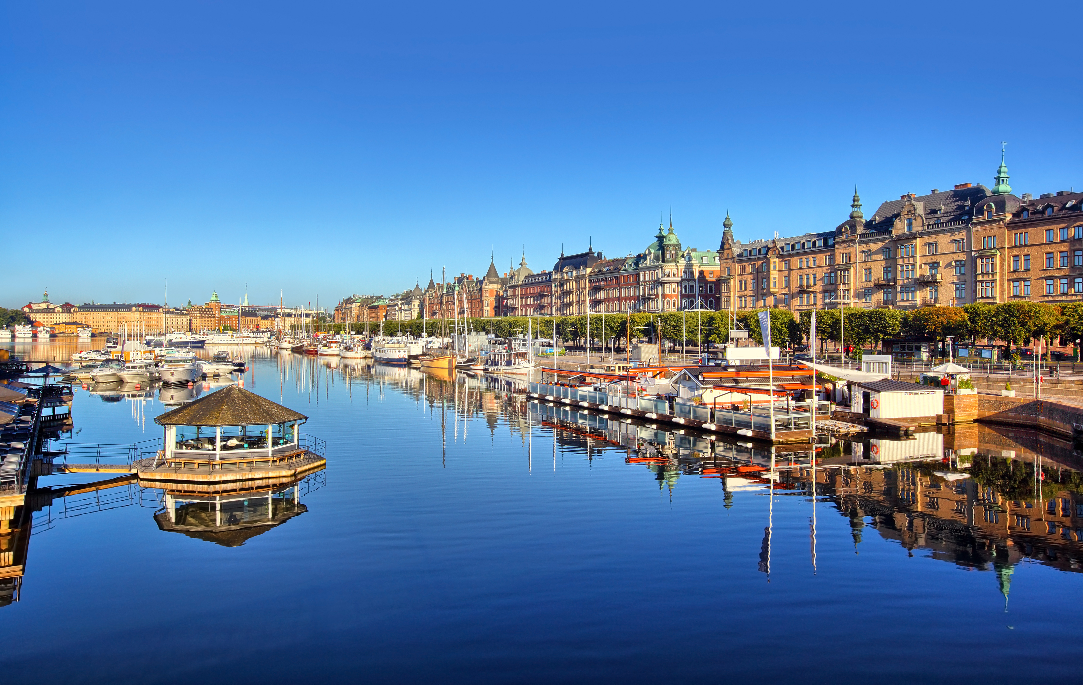 Stockholm panorama shot. View from Djurgardsbron early morning