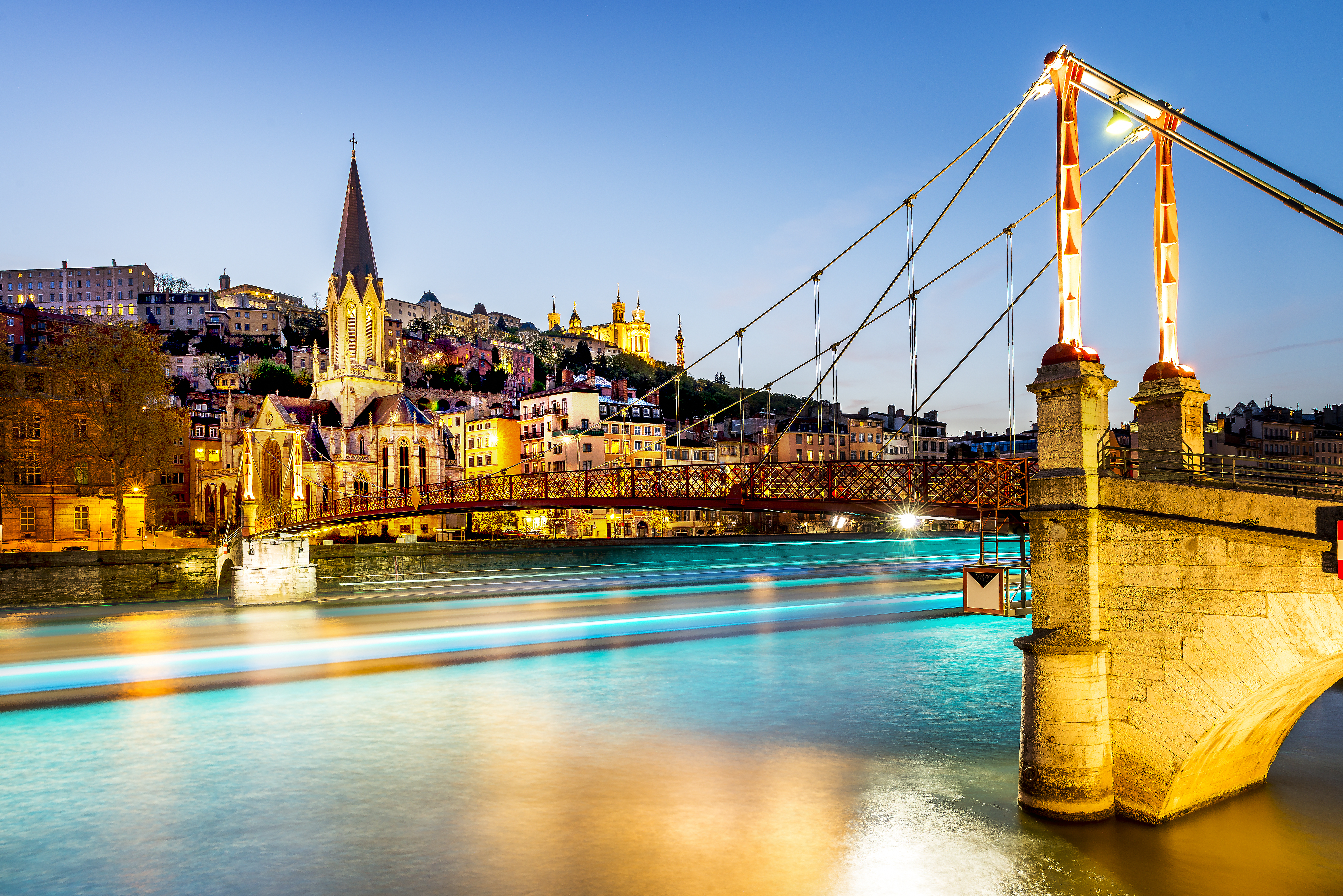 night view from St Georges footbridge in Lyon city