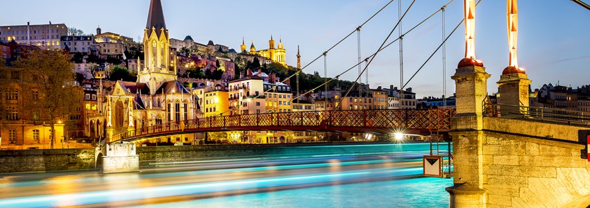 night view from St Georges footbridge in Lyon city