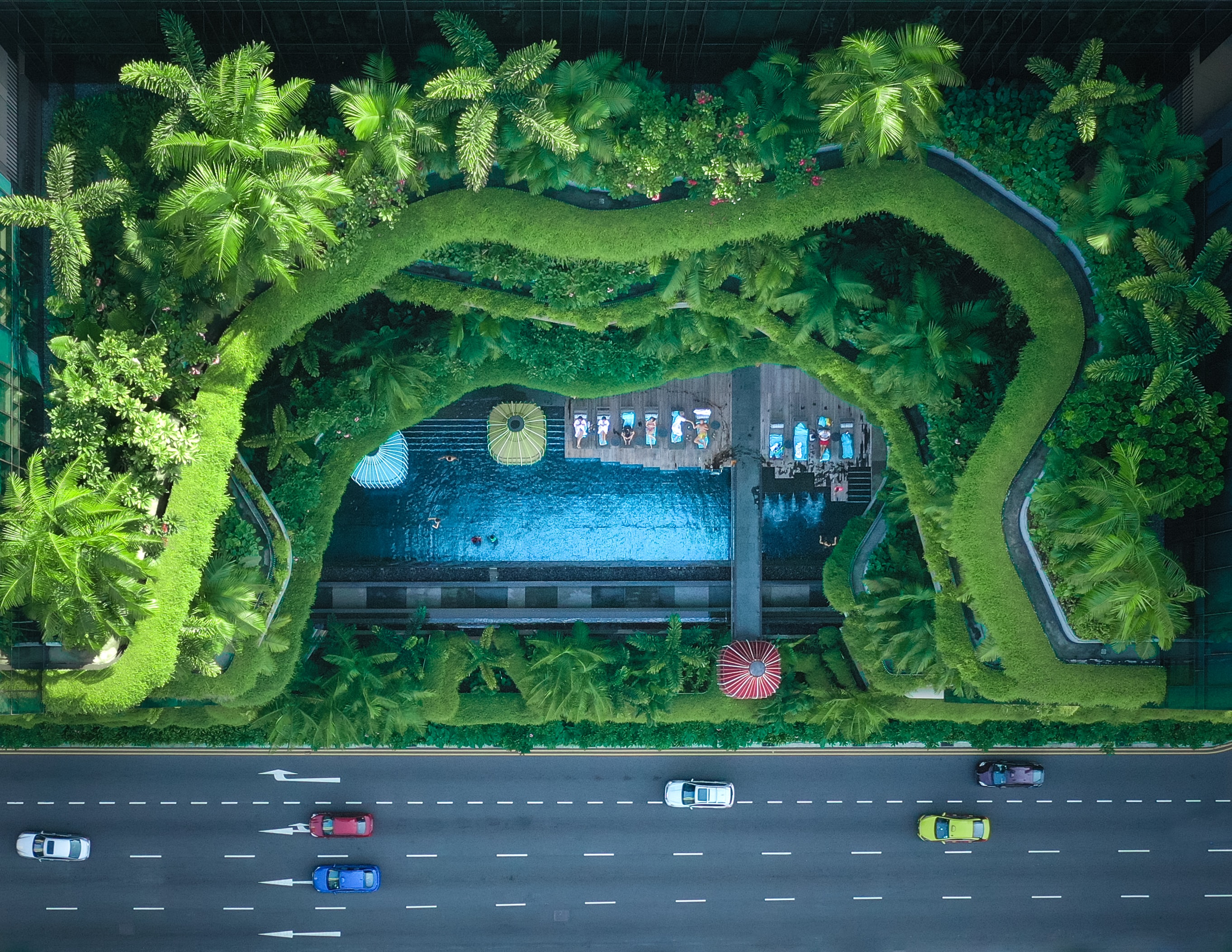 drone shot of a swimming pool in a green terraced house in Singapore