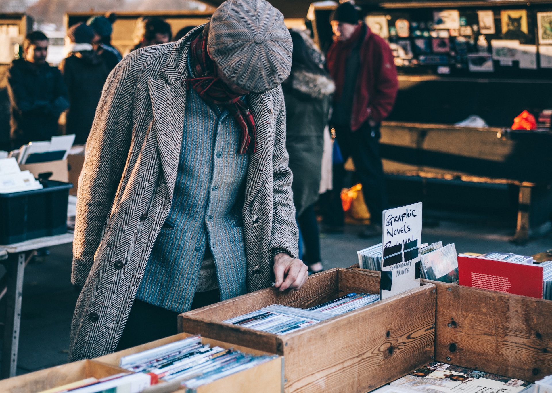 man in tweed at flea market