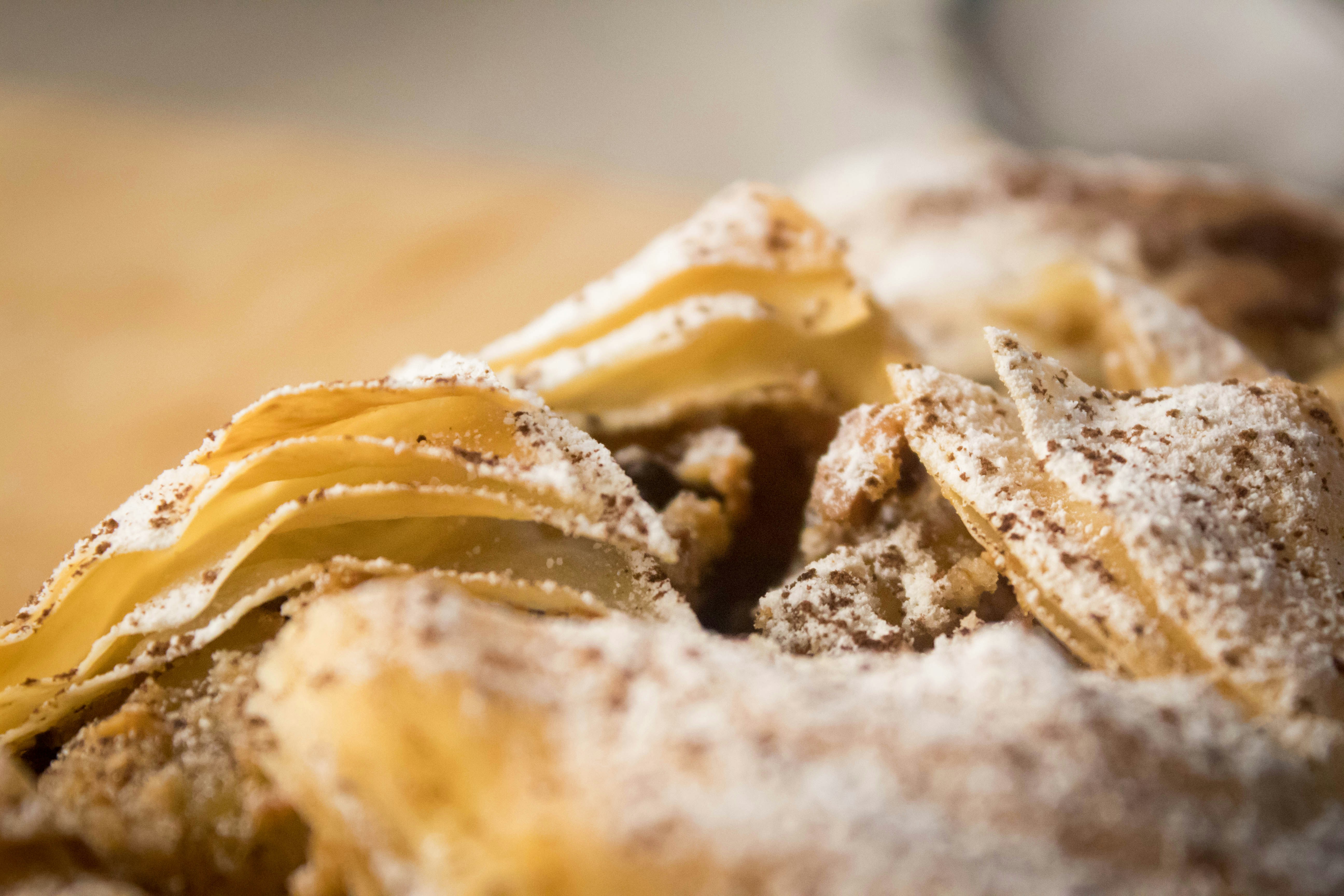 Close up of an apple, chocolate and nut strudel