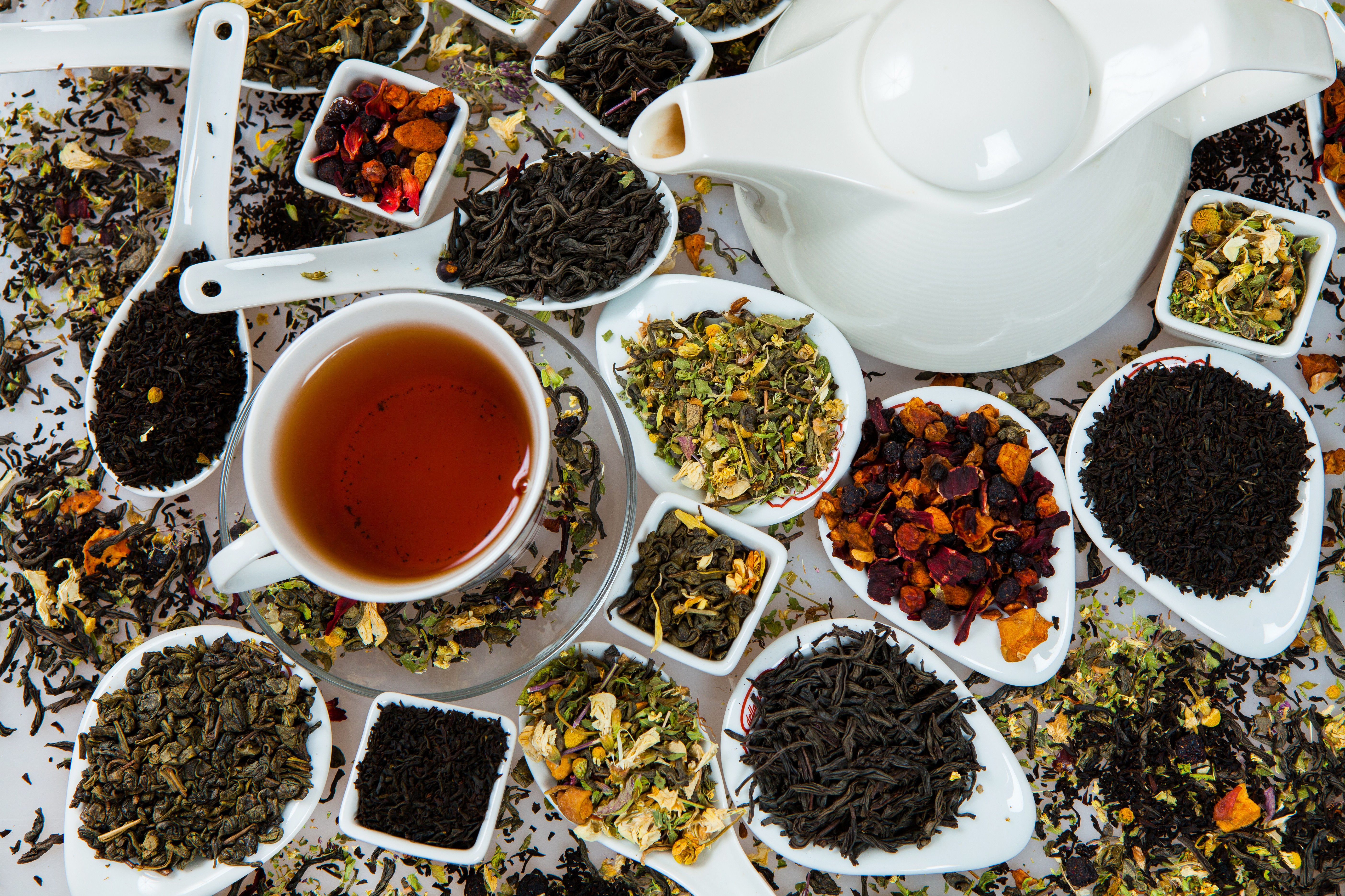 Assortment of dry tea. Various kinds of tea isolated on white.Different kinds of tea leaves. Tea composition with different kind of tea. Tea concept. Tea leaves