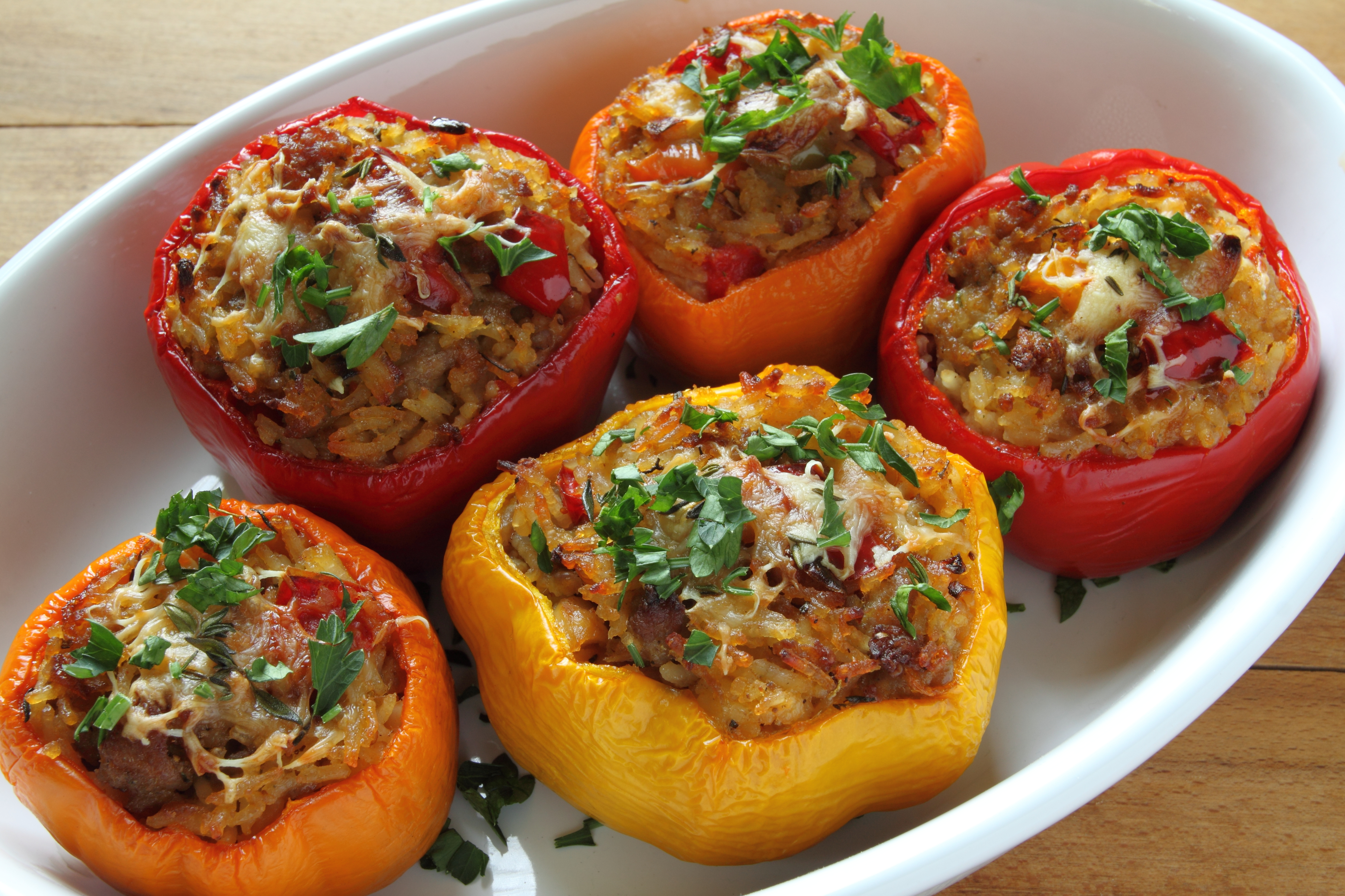 Stuffed paprika with meat, rice and vegetables.