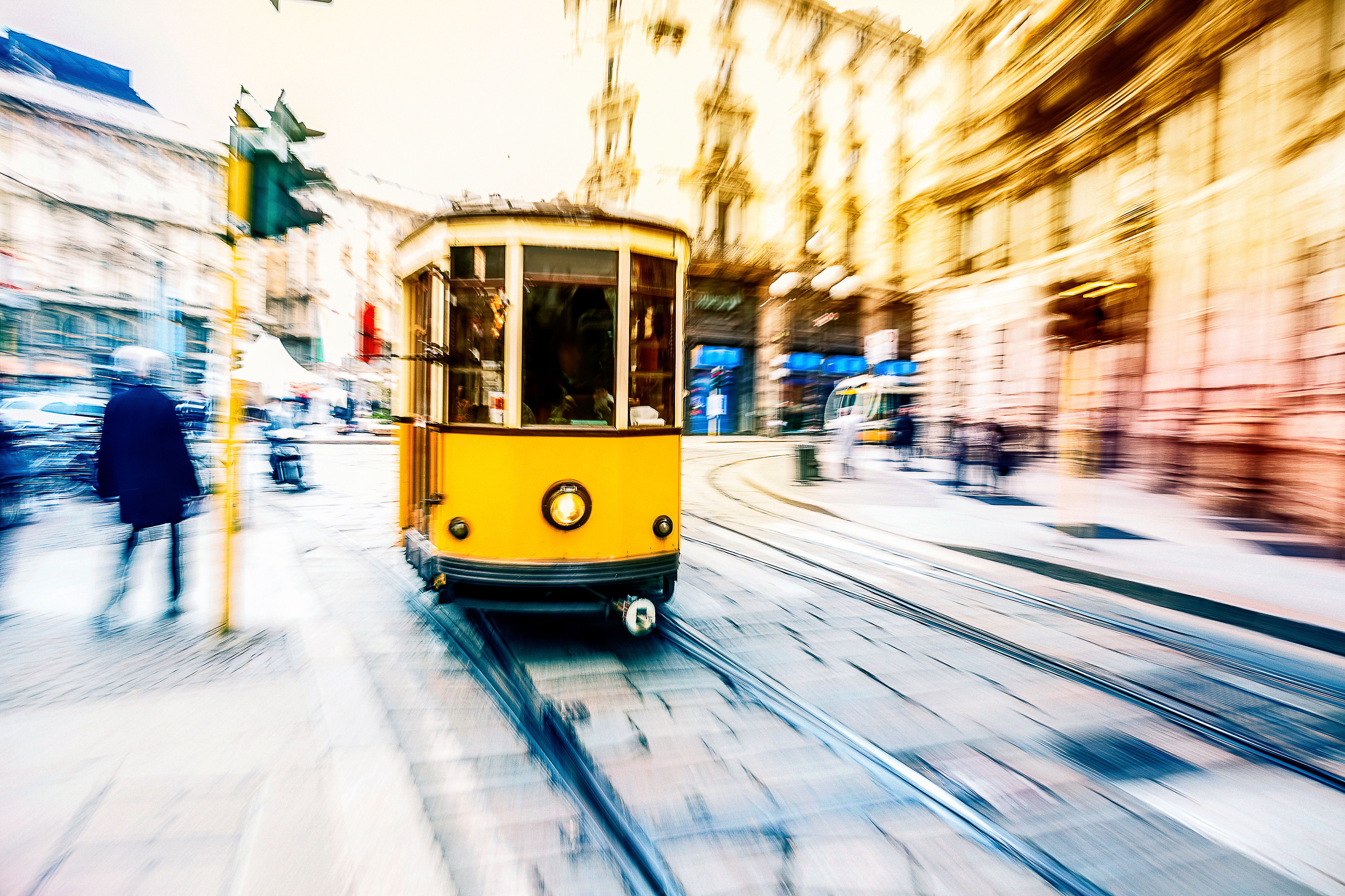 Tram moving in the city centre, Milan, Italy