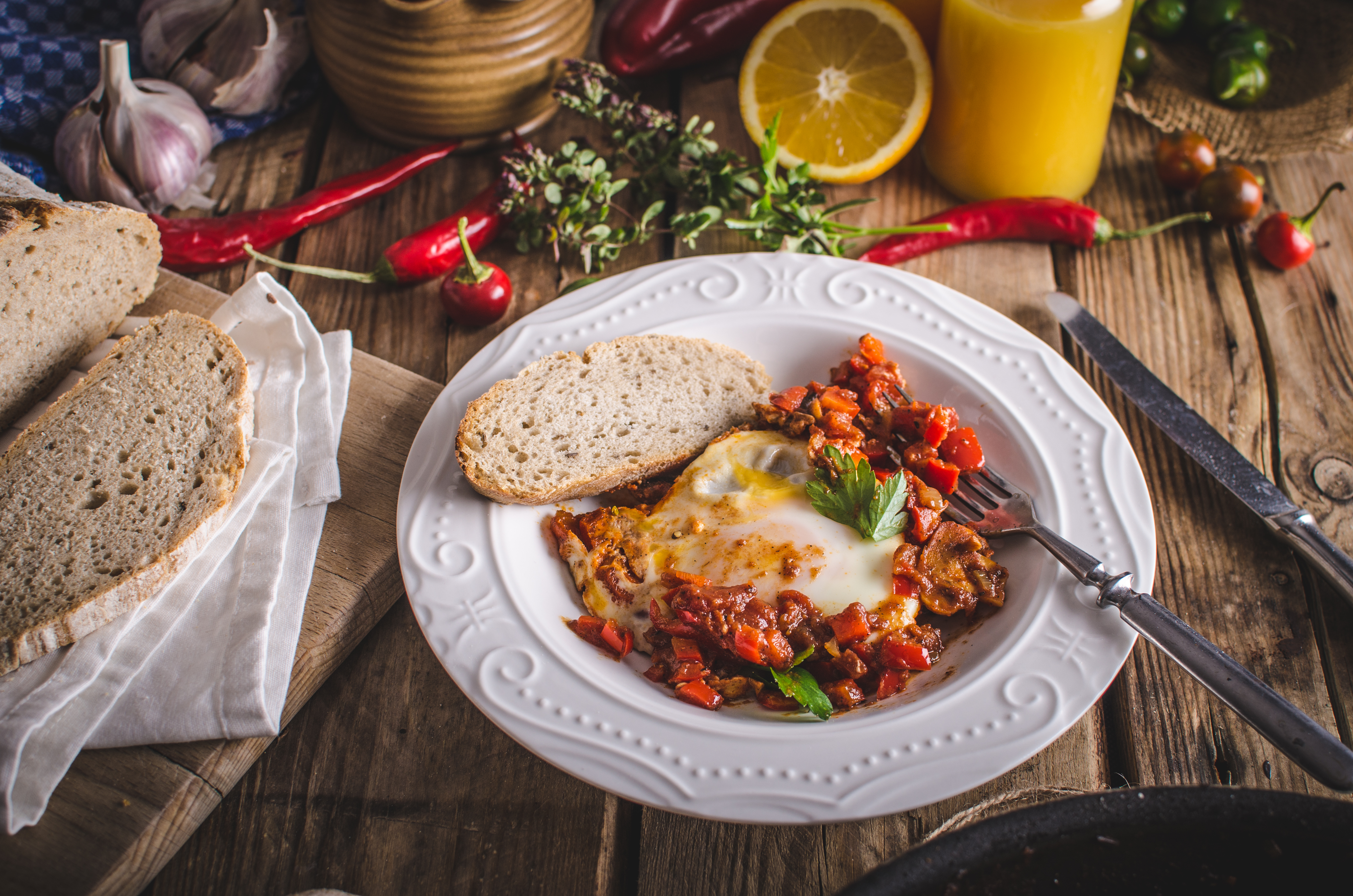 Shakshuka - Eggs Poached in Spicy Tomato Pepper Sauce