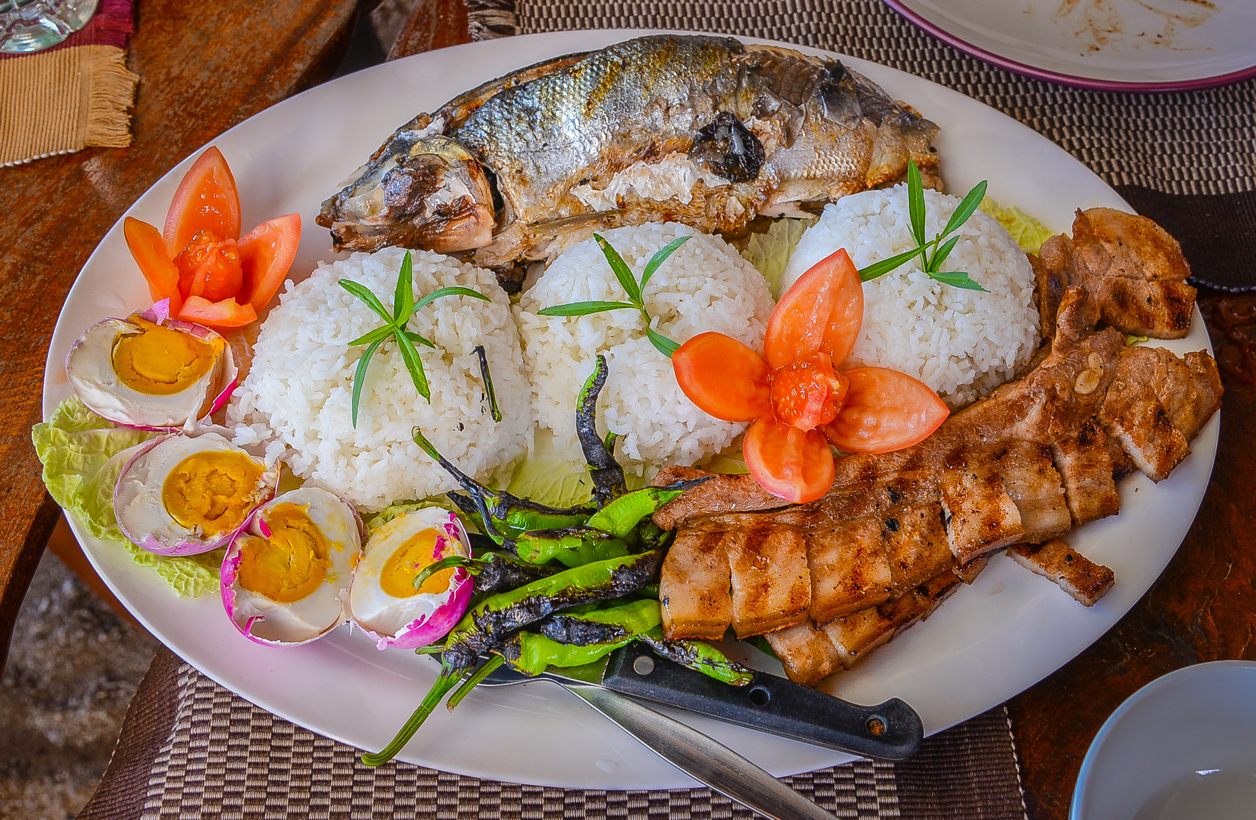 Filipino Food - Rice, Milkfish, Pork, Salted Eggs, Vegetables