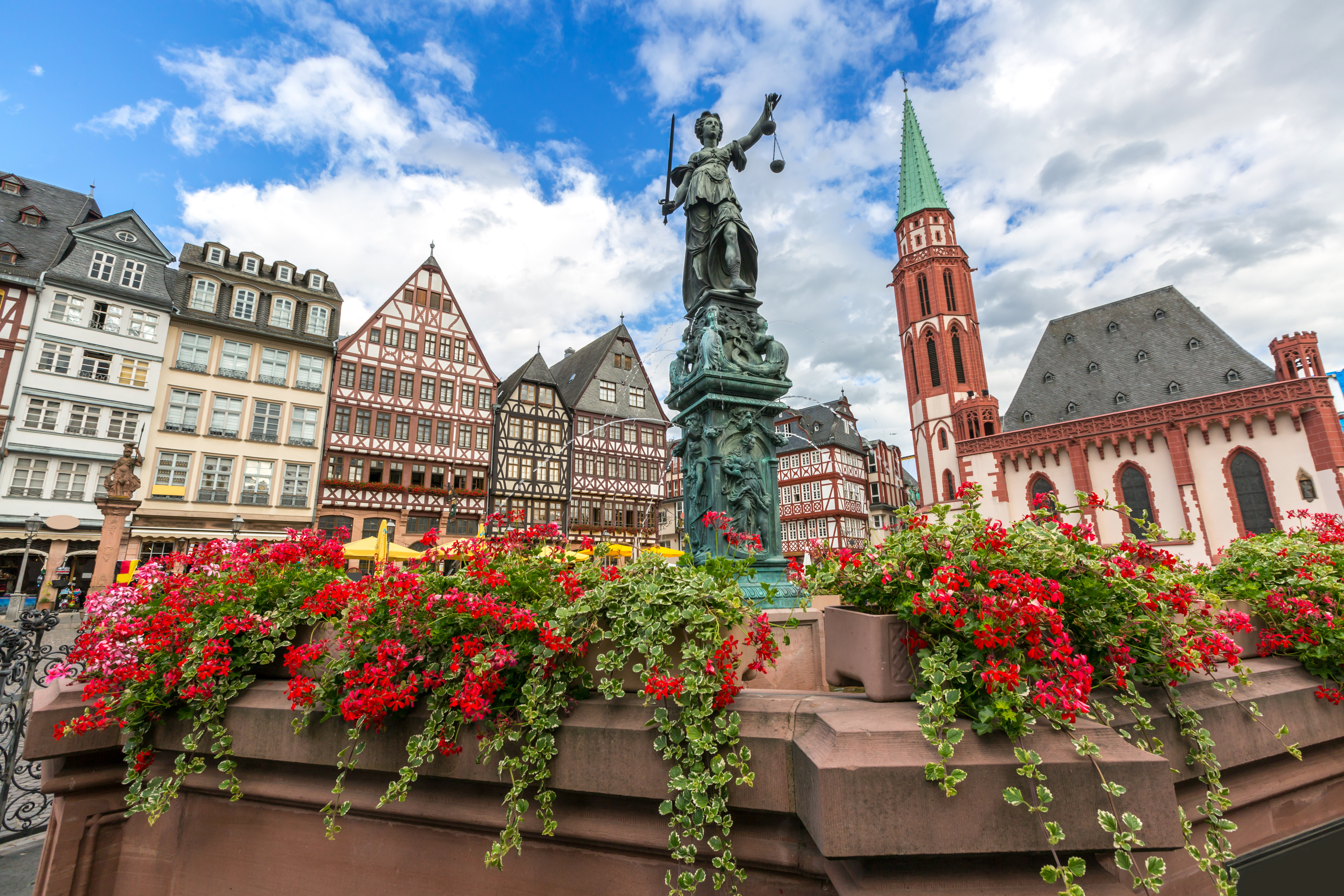 Frankfurt old town with the Justitia statue. Germany