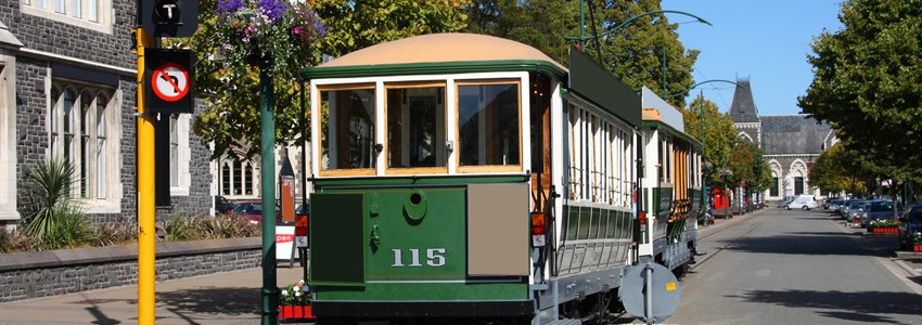 Famous symbol of Christchurch, New Zealand. Heritage tramway. Tourist attraction.
