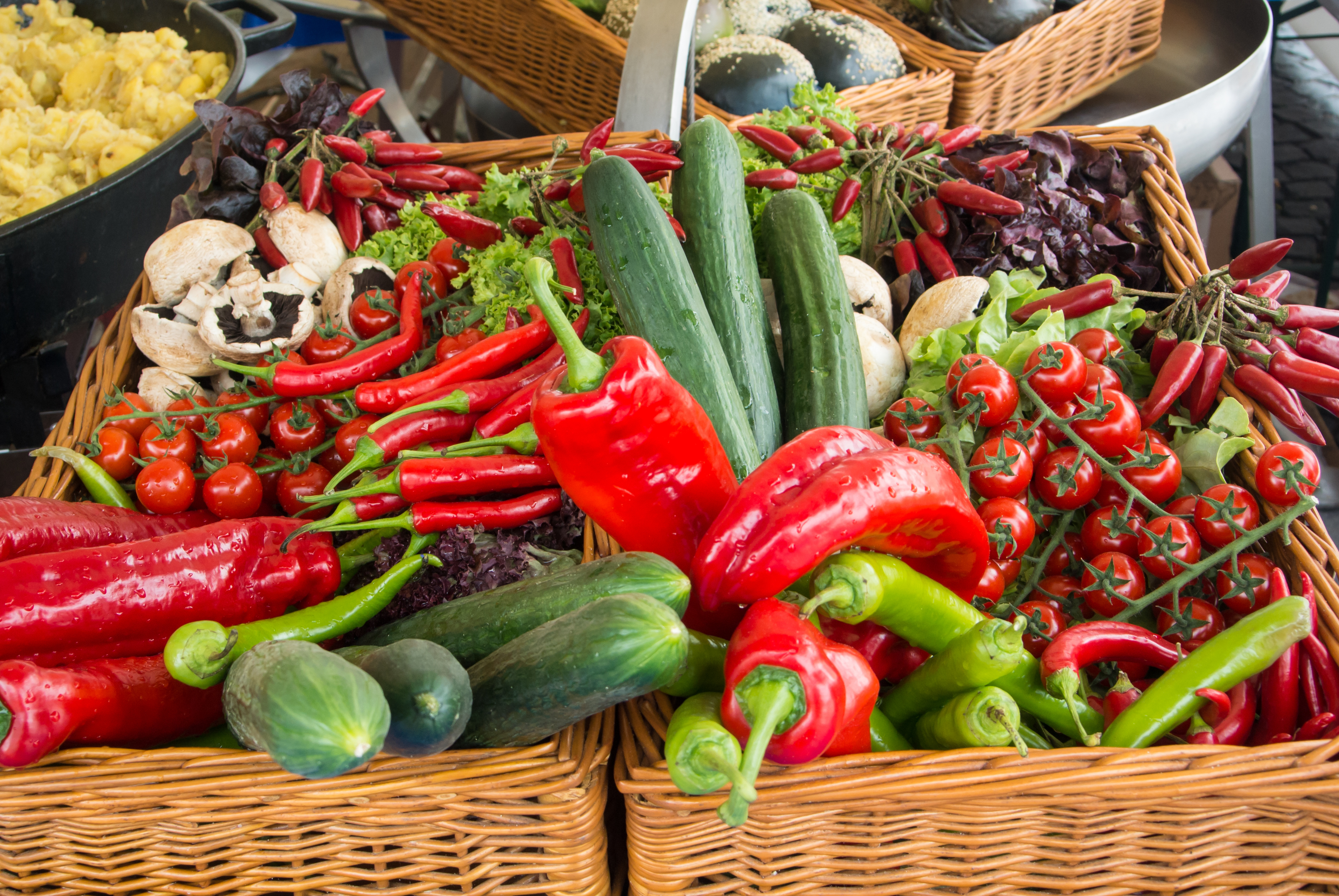 Fresh vegetables: tomatoes, cucumbers, lettuce, peppers, champignons in the basket at the street farm market, Frankfurt am Main, Germany.