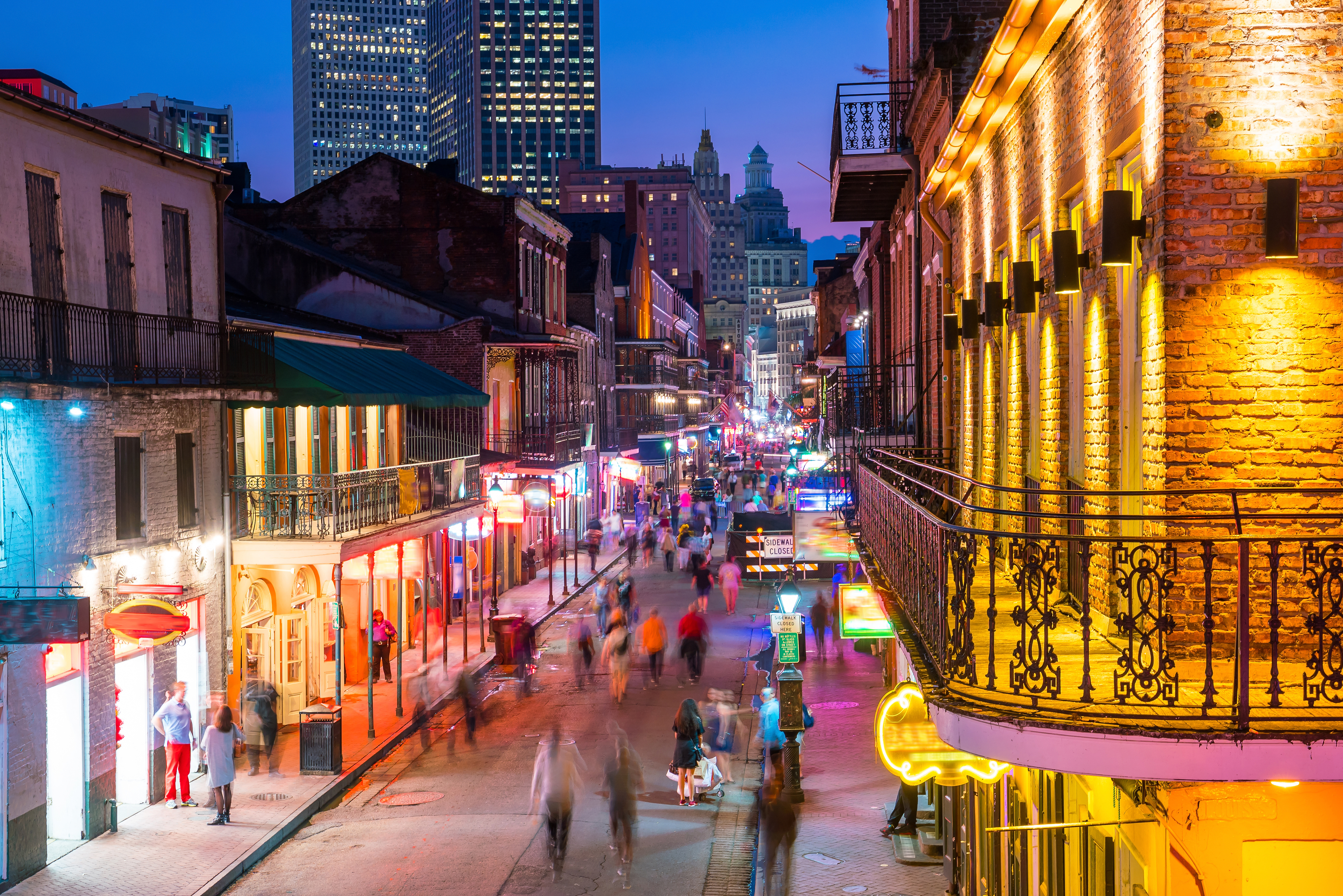 Pubs and bars with neon lights in the French Quarter, New Orleans USA